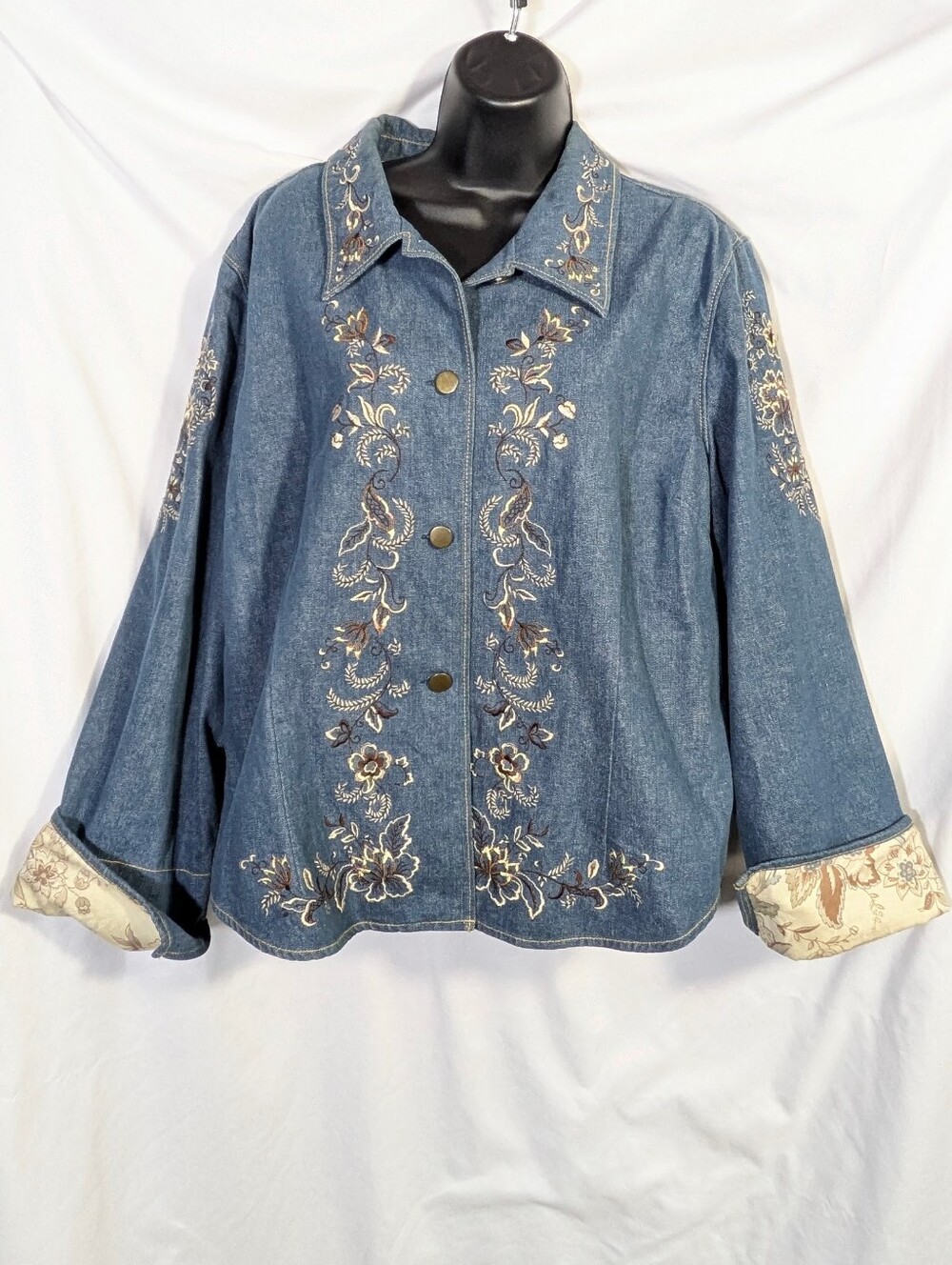 Cold Water Creek Women's Embroidered Jean Jacket Cotton Boho Casual Sz XL